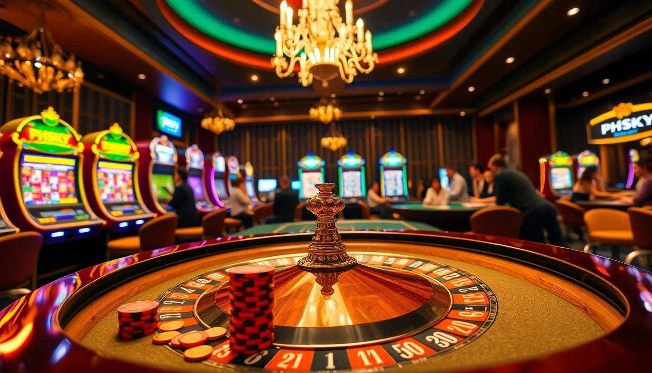 Experience PHSKY's vibrant casino atmosphere with enthusiastic players at roulette tables, showcasing excitement and luxury.