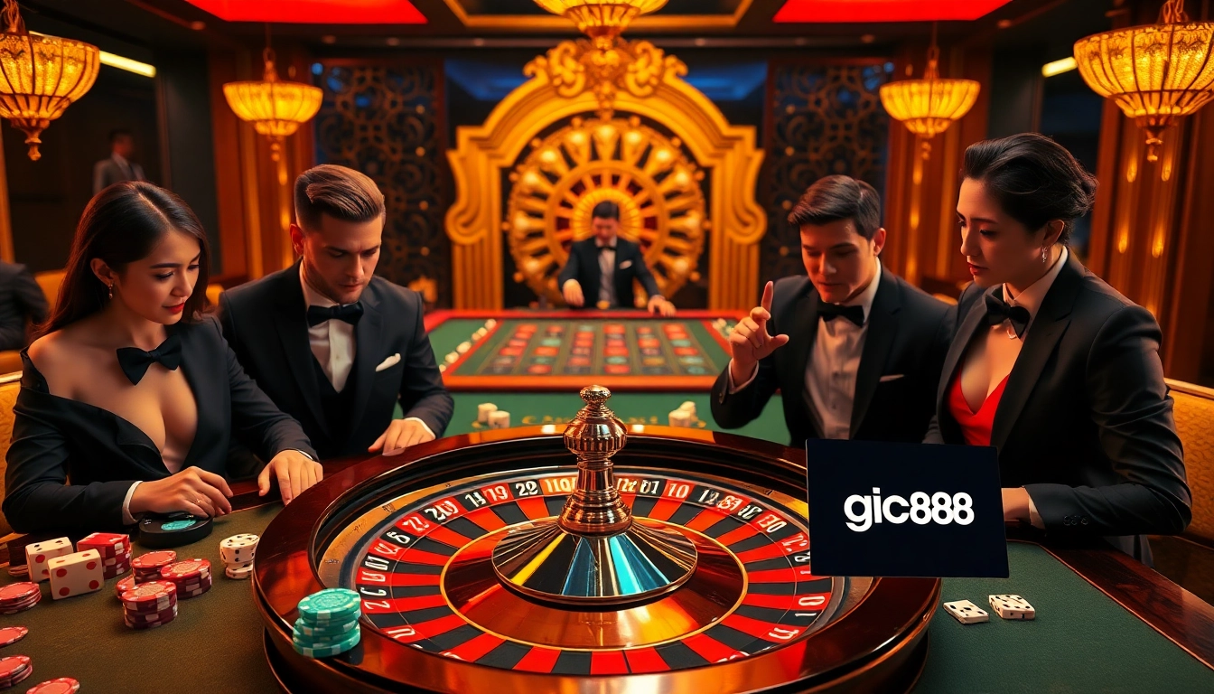 Engaging players enjoying an exciting game at gi88's luxurious online casino, showcasing vibrant tables and thrilling gameplay.