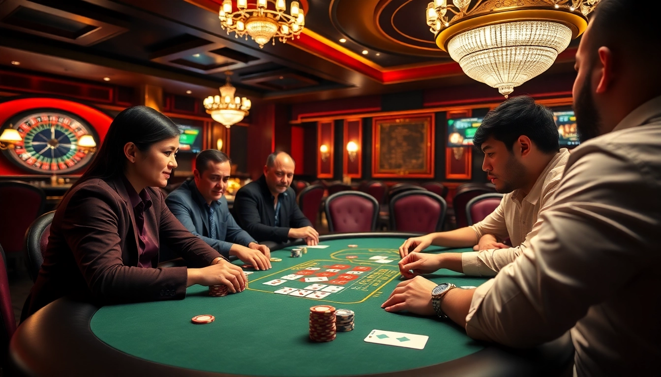 Players engaging at a May88 poker table, showcasing vibrant casino excitement and strategy.