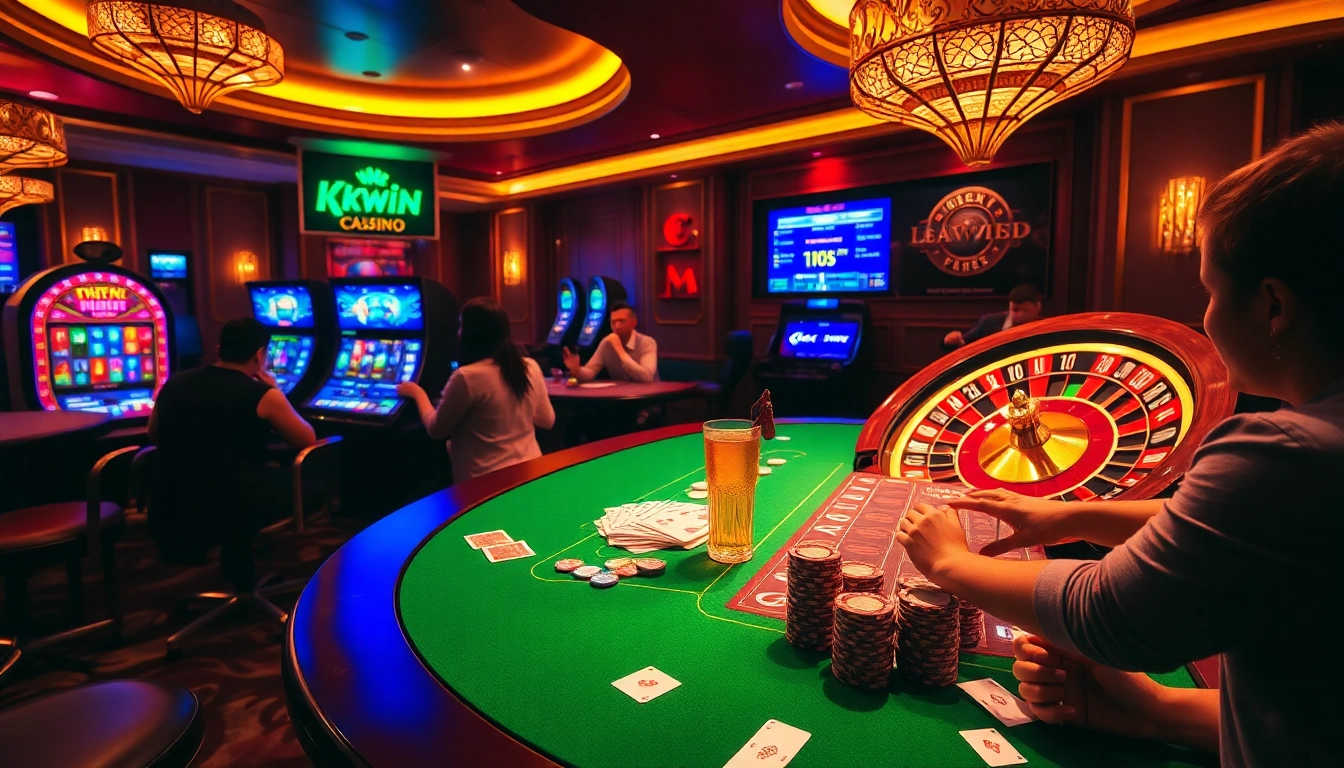 Kkwin gaming scene featuring vibrant casino table, chips, slots, and roulette for an exciting atmosphere.