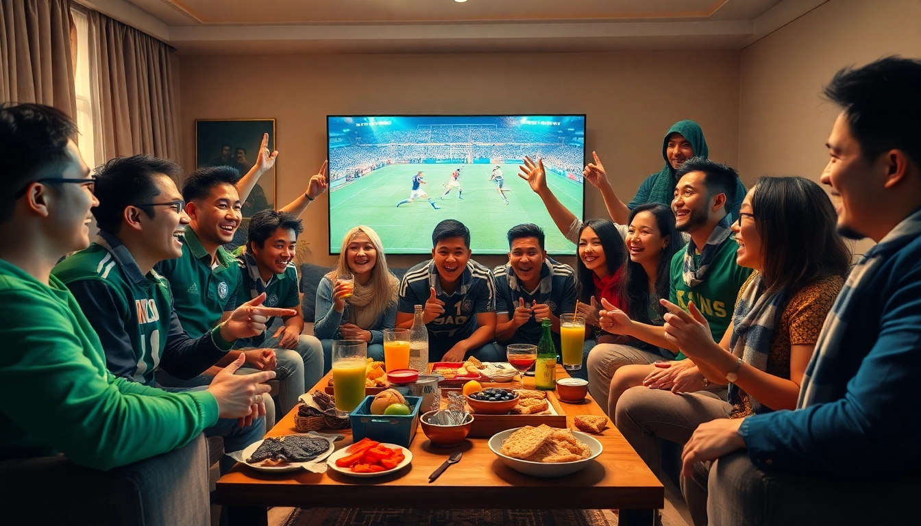 Engaged fans enjoying live football on LuongSonTV, celebrating with snacks and memorabilia.
