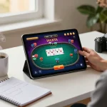 five88cn player engaged in online poker game on tablet at stylish desk