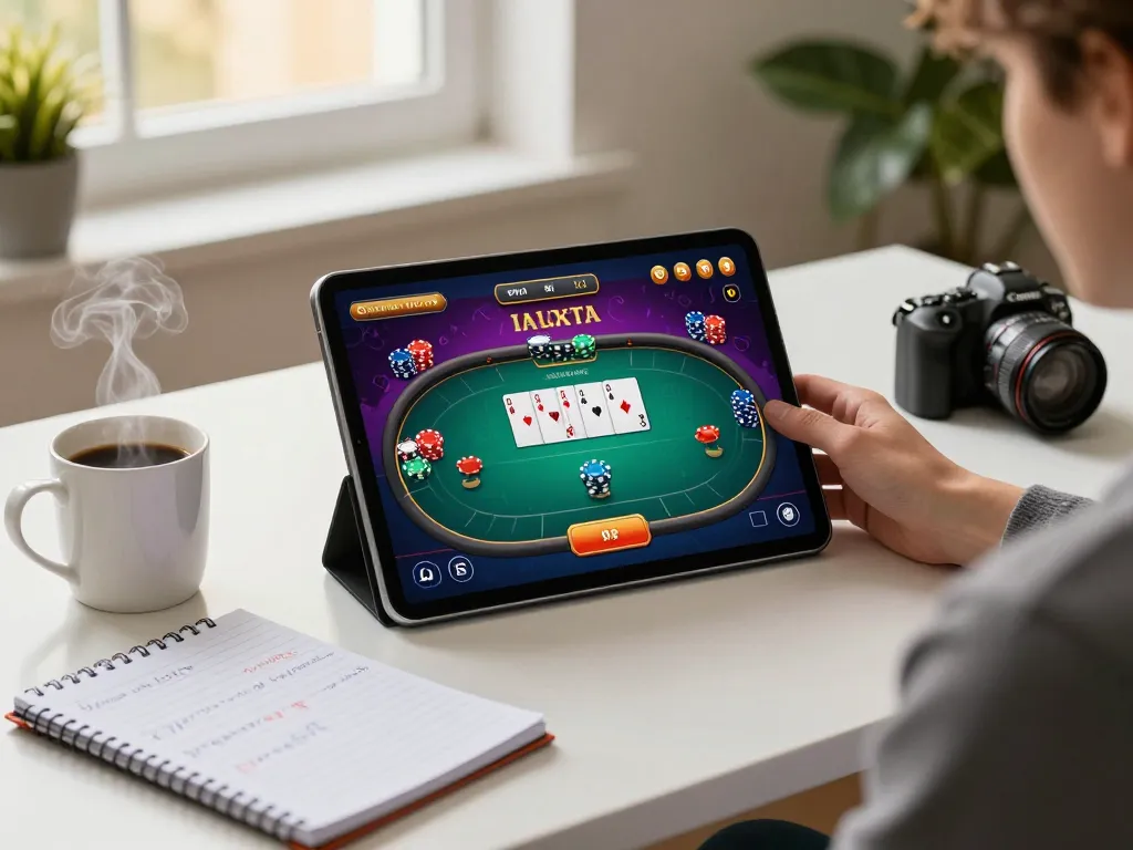 five88cn player engaged in online poker game on tablet at stylish desk