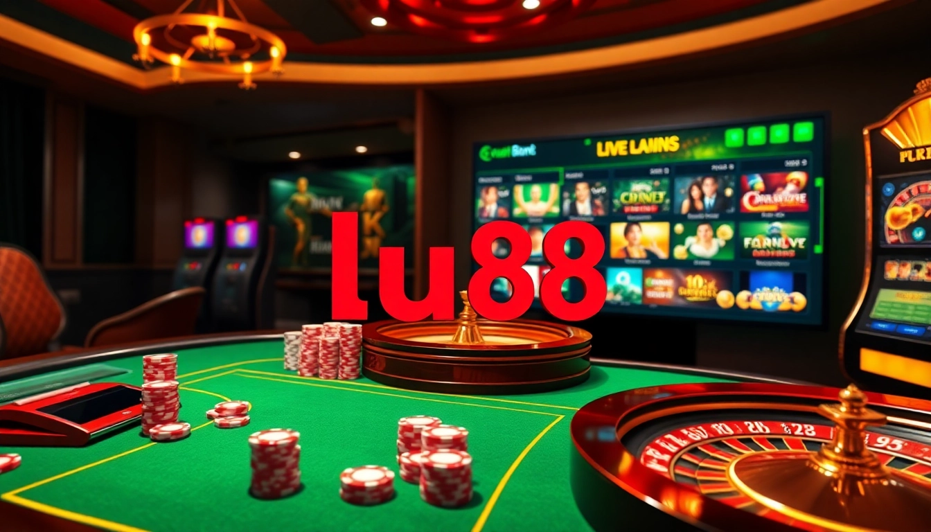 Experience the excitement of online gambling at lu88 with a dazzling casino table and vibrant games.