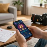 Engaging with the 555 WIN app for mobile gambling in a cozy home setting.