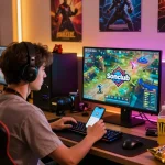 Sonclub gaming setup with a male player engaged in online gaming, showcasing the vibrant gaming culture and Sonclub app on screen.