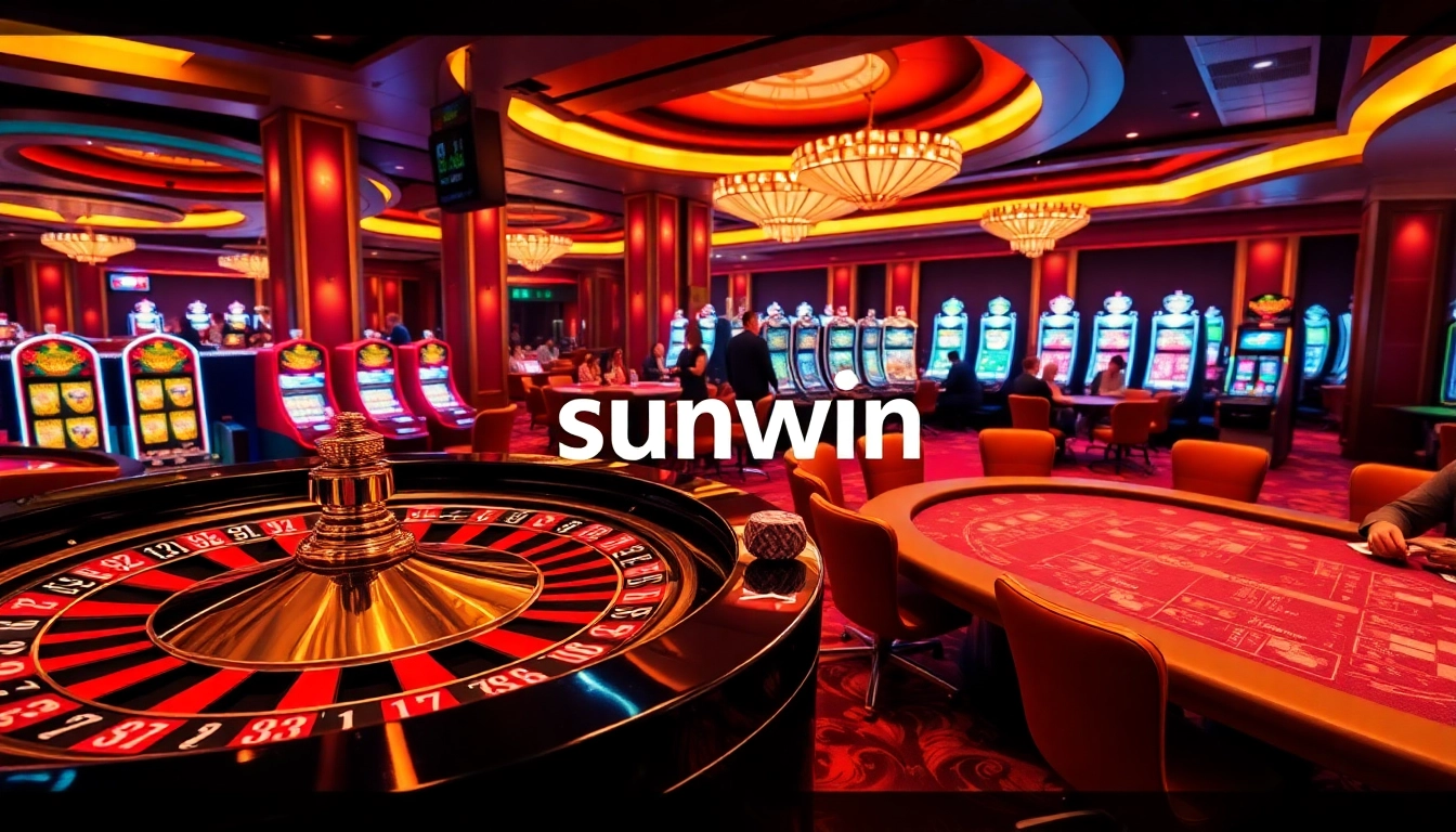 Exciting sunwin casino scene featuring roulette, poker, and slot machines