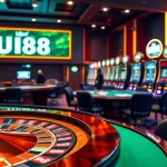 UU88 casino experience with spinning roulette, poker game, and vibrant slot machines.