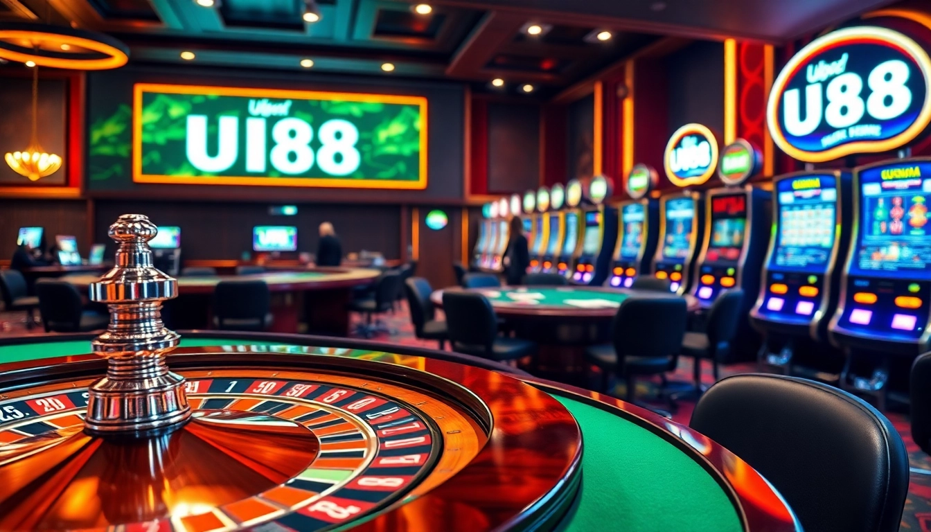 UU88 casino experience with spinning roulette, poker game, and vibrant slot machines.