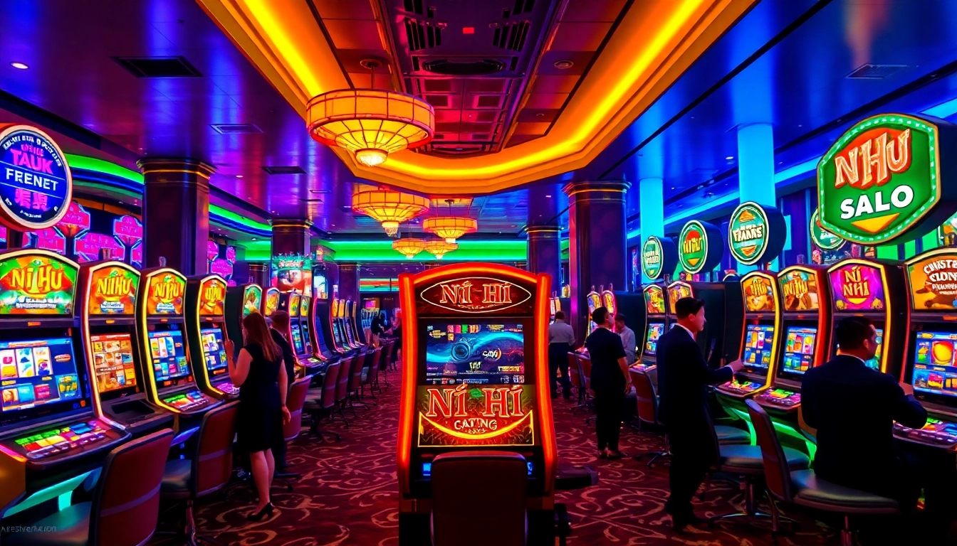 Players engaging with Nổ Hũ slot machines in a vibrant casino atmosphere.