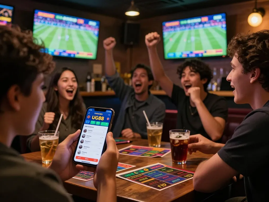UG88 sports betting excitement with friends analyzing bets in a lively atmosphere.