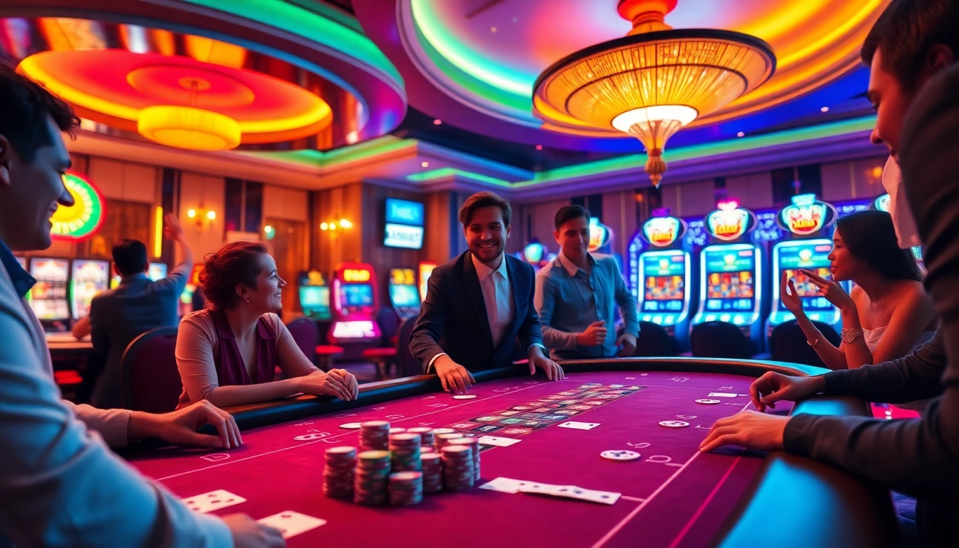Exciting casino atmosphere at https://go8.chat/ with players cheering at gaming tables.