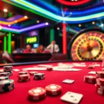 Experience the thrill of PS99 with vibrant casino elements, including poker chips and a rotating roulette wheel.