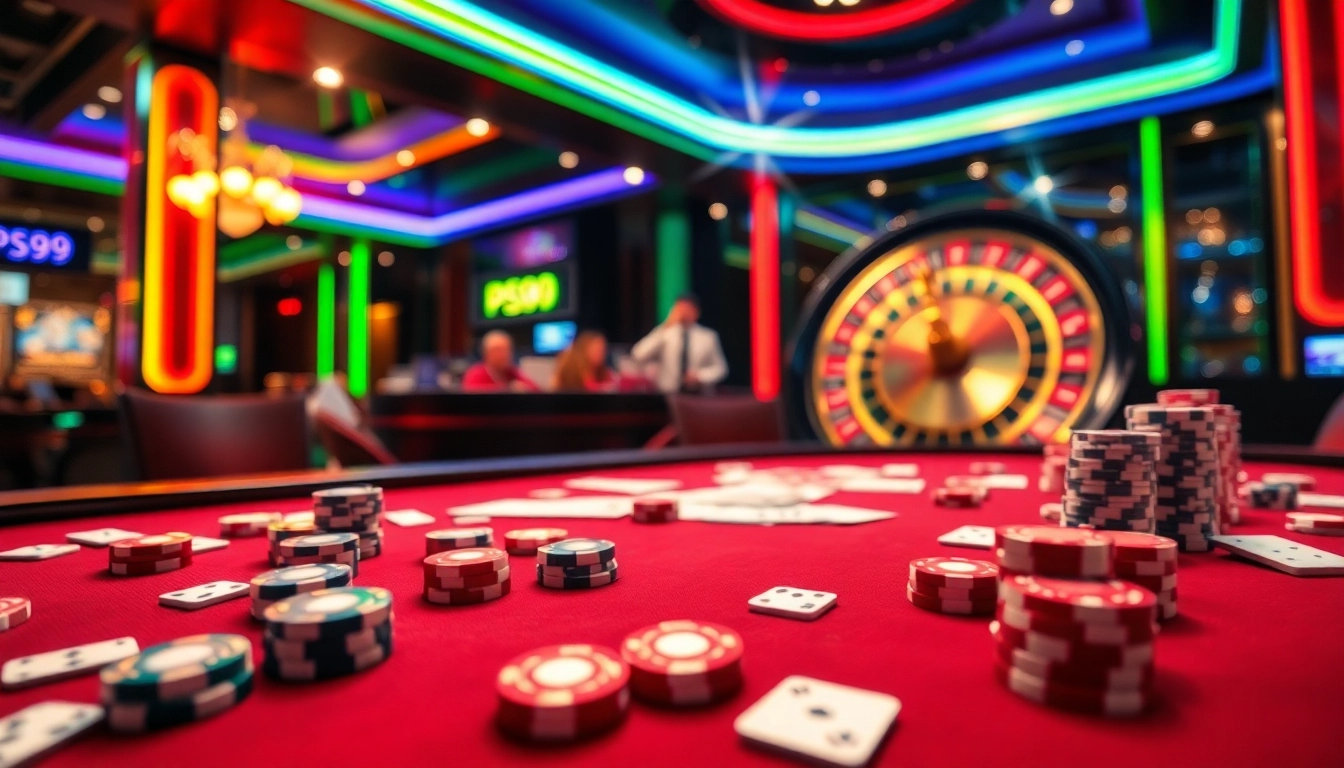 Experience the thrill of PS99 with vibrant casino elements, including poker chips and a rotating roulette wheel.