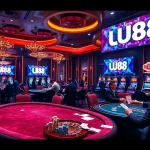 Experience thrilling gameplay at UU88, featuring poker tables and roulette wheels under vibrant lights.