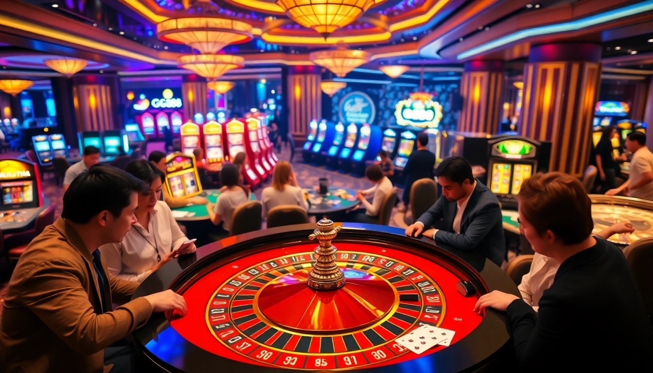 Players enjoying an exciting game at GG88's luxurious casino with roulette, chips, and vibrant lights.