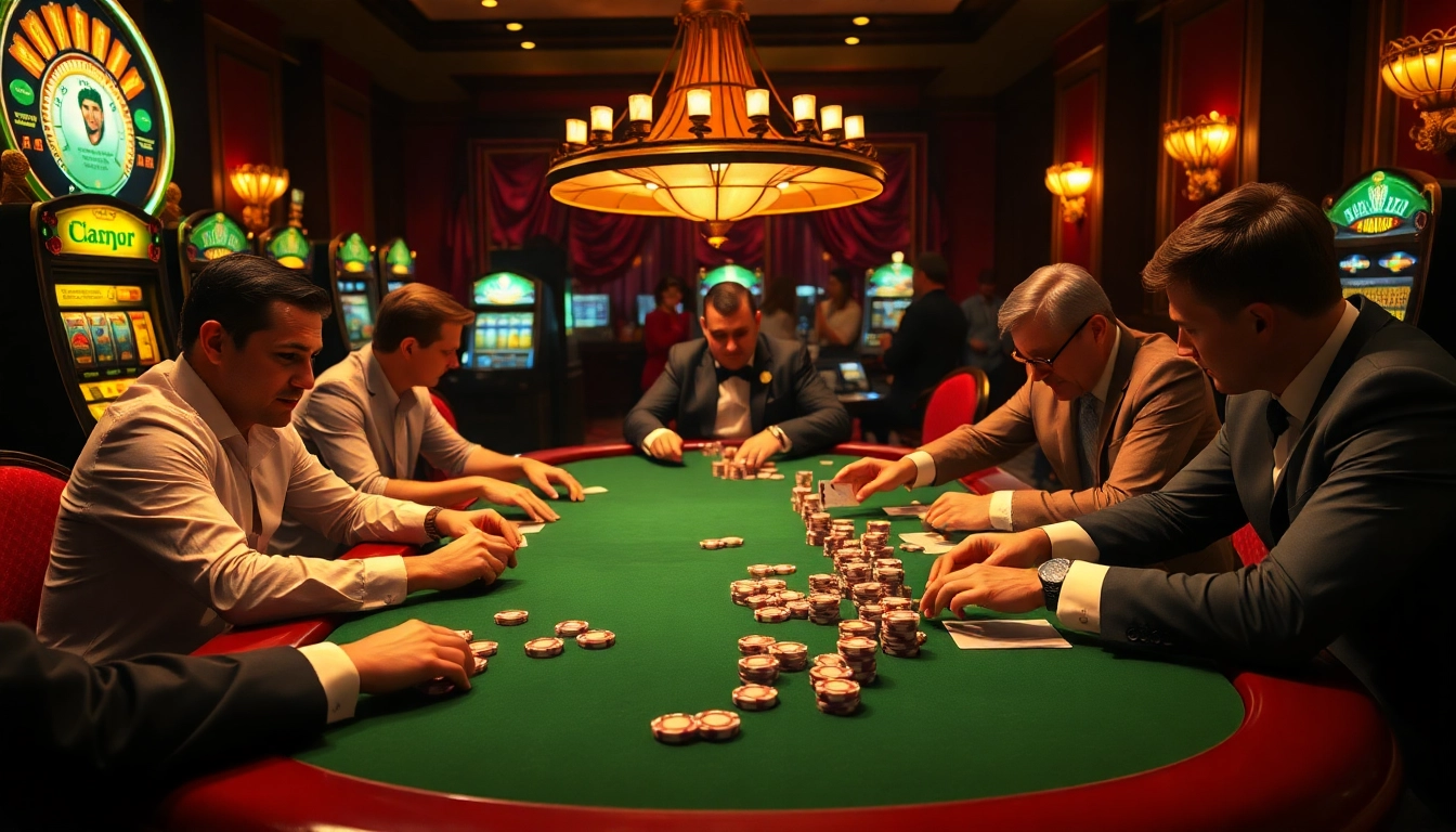 Engaged players enjoying a thrilling card game at https://rr88.pizza/ in a luxurious casino setting.