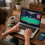 Player enjoying online poker with FC88 on their laptop in a cozy living room setting.