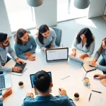 Entrepreneurs collaborating to register LLC in the US in a modern office setting.