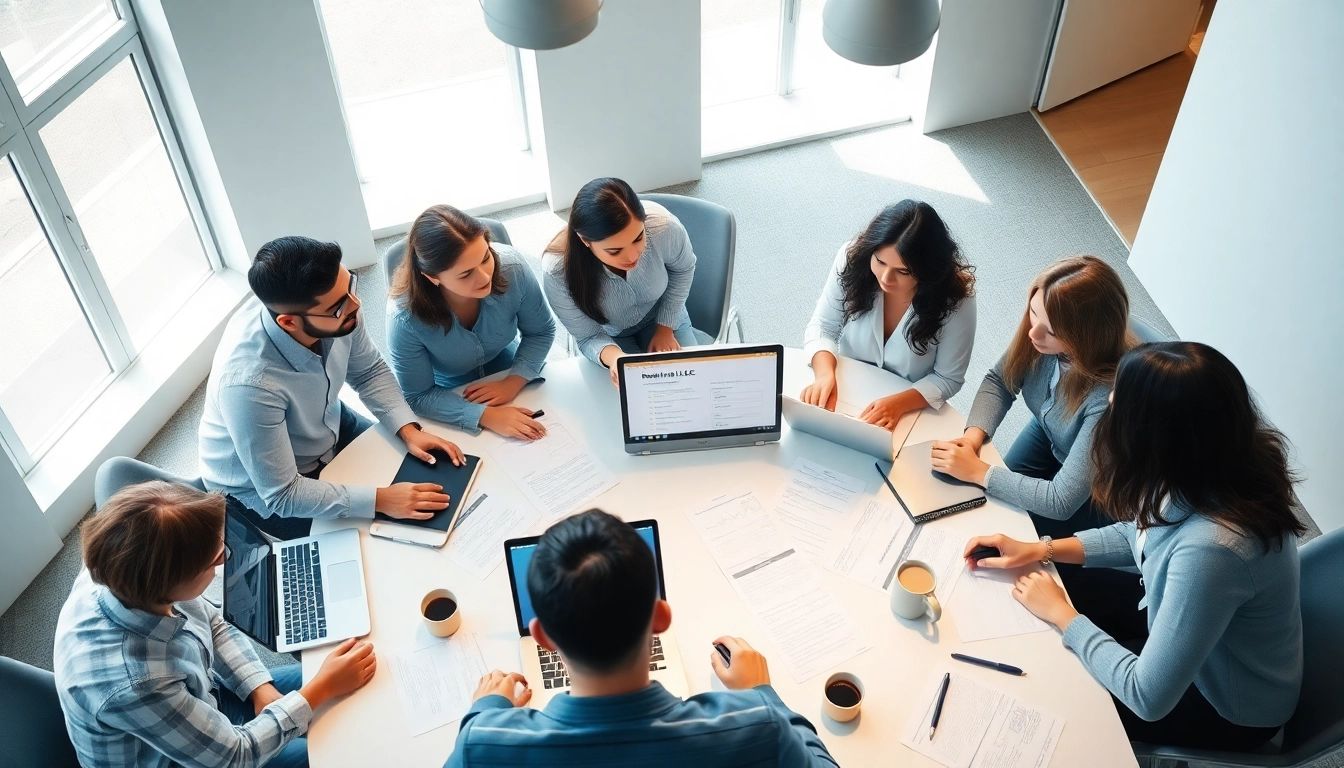 Entrepreneurs collaborating to register LLC in the US in a modern office setting.