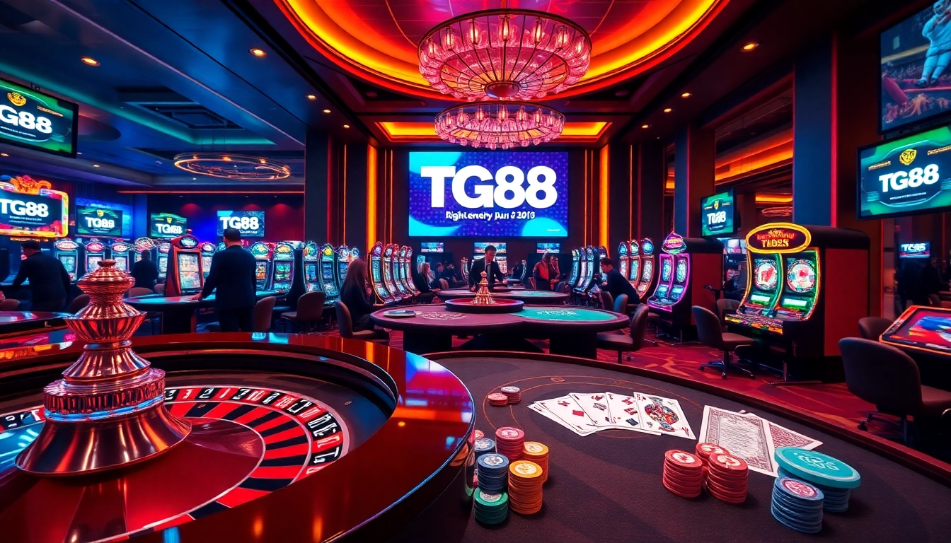 Experience the thrill of gambling at TG88's vibrant casino with poker tables and slot machines.