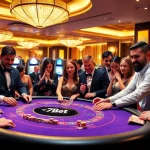 Excited players engaging at a vibrant 77Bet casino table, showcasing thrilling gambling action.