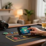 Engaged player enjoying live casino games on smartphone at Super222 with cozy home atmosphere.