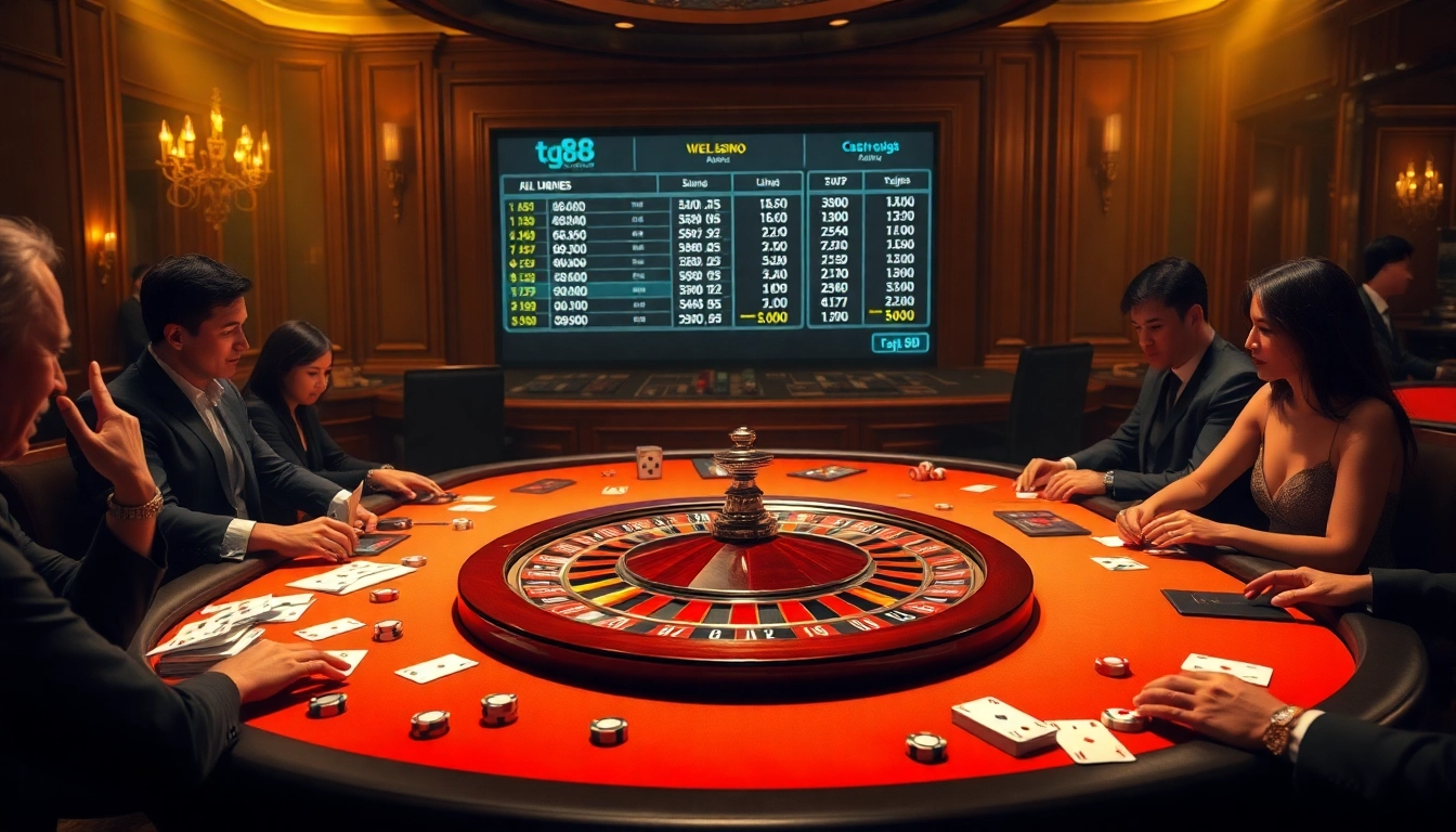 Experience the thrilling atmosphere of https://tg88.nl/ with professional gamblers placing bets at a luxurious casino table.