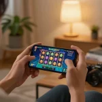 Engaged player spinning slot gacor on smartphone in cozy home setting, showcasing strategic online gaming.