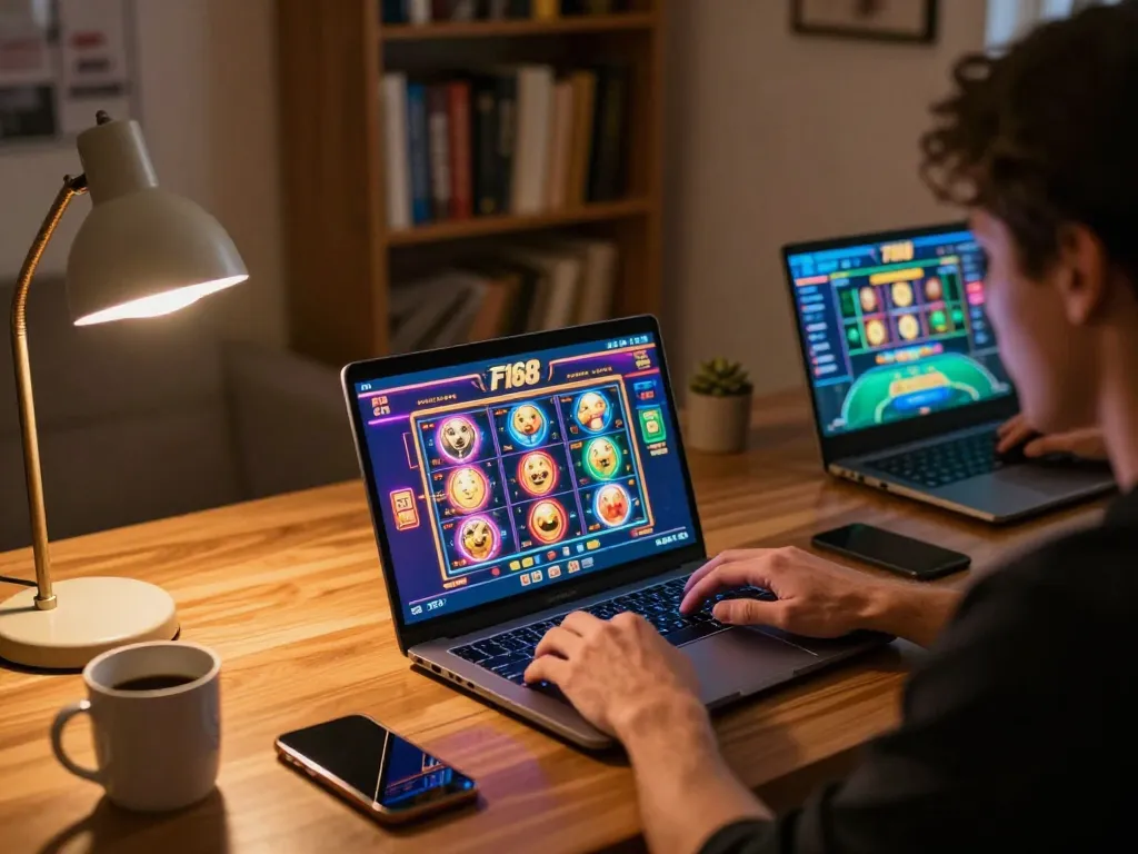 Engaging with F168 online games, showcasing vibrant slot graphics on a cozy home setup