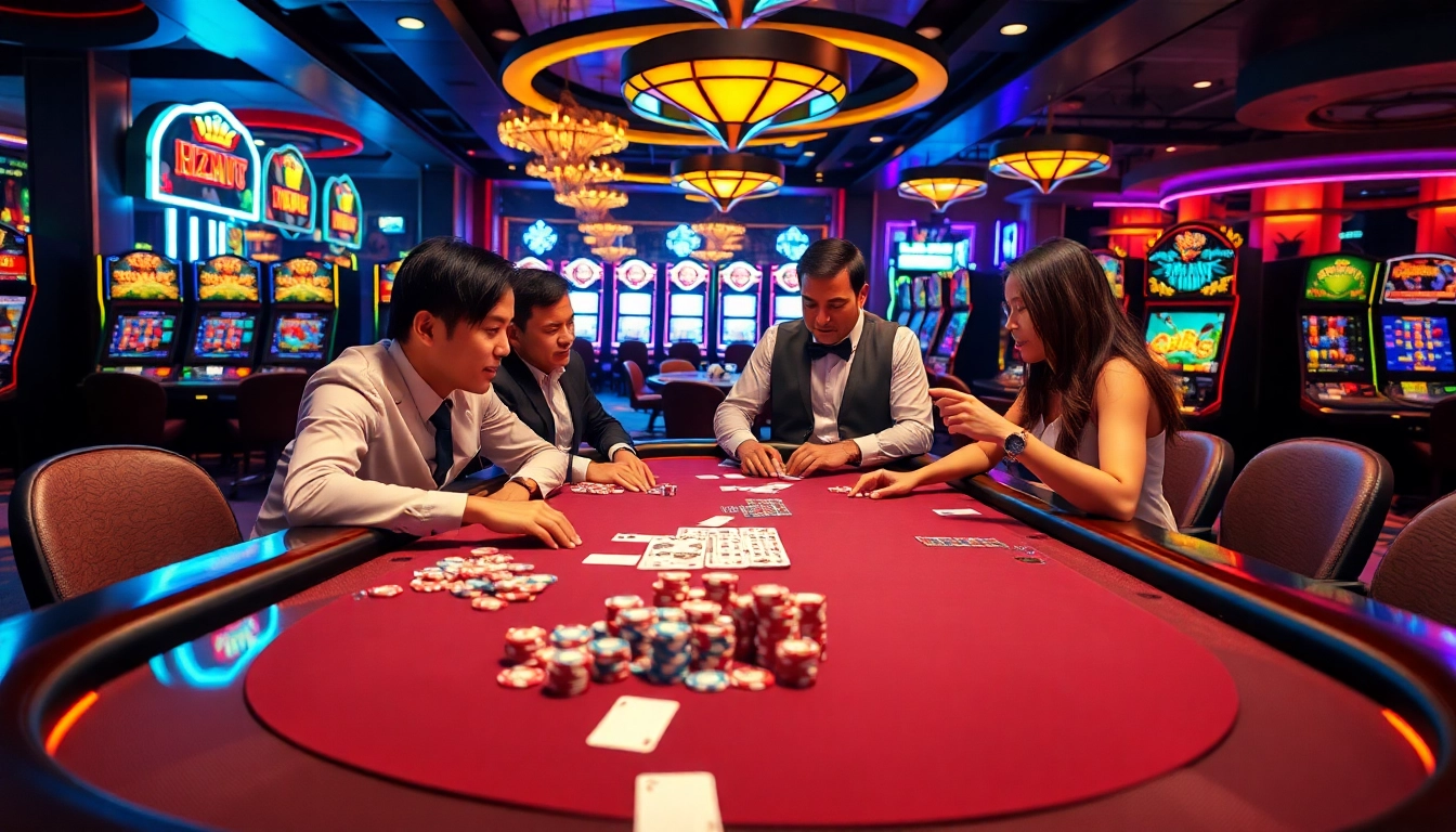 Engaging poker game at rikvip casino with professional dealers and vibrant atmosphere.