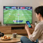 Engaging user placing bets on 1GOM app during live sports at home.