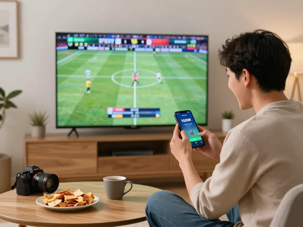 Engaging user placing bets on 1GOM app during live sports at home.