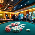 Excited players enjoying their time at 789win's casino, featuring poker chips and roulette wheel.