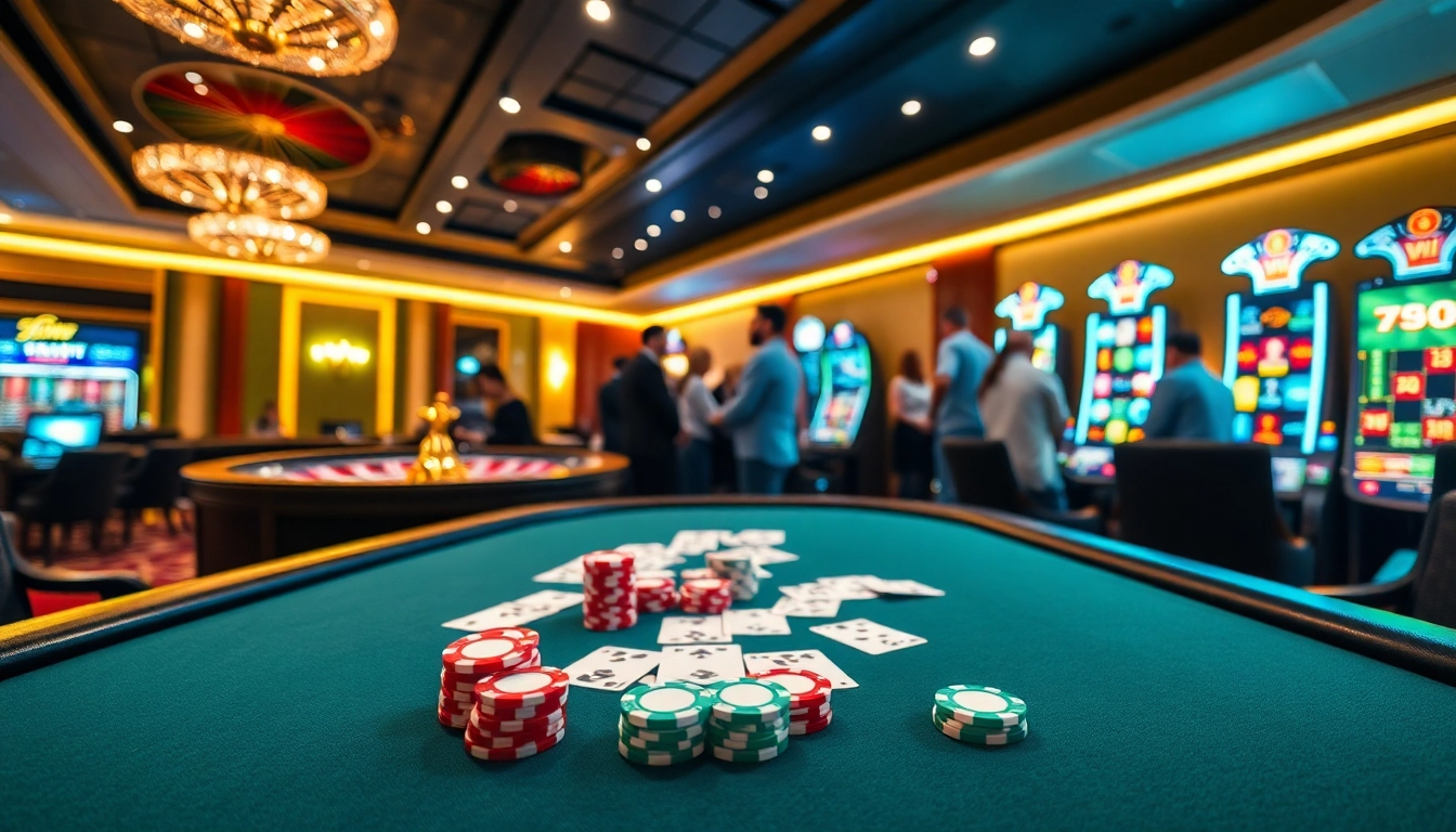 Excited players enjoying their time at 789win's casino, featuring poker chips and roulette wheel.