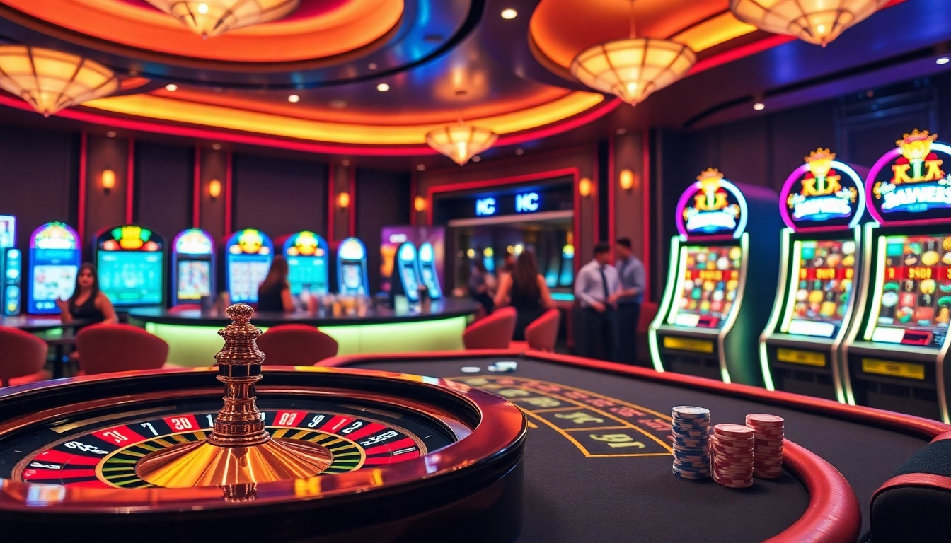 Experience thrilling gaming moments at KJC with a lively casino table and roulette wheel.