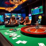 TG777 players engaging in a thrilling casino experience with roulette table, poker chips, and sports betting screens.