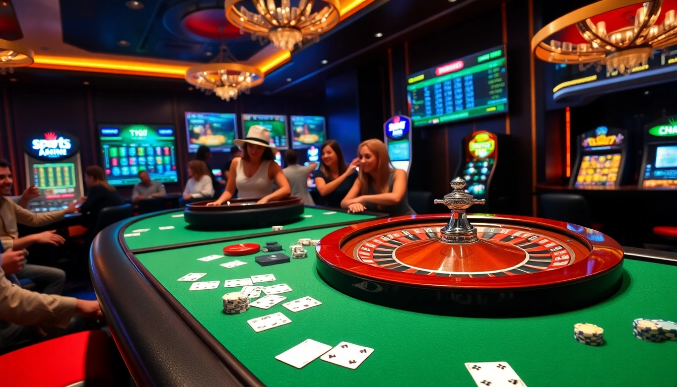 TG777 players engaging in a thrilling casino experience with roulette table, poker chips, and sports betting screens.