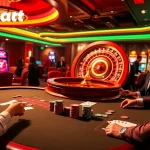 Players enjoying games at 789bet casino with vibrant tables, spinning roulette, and slot machines.