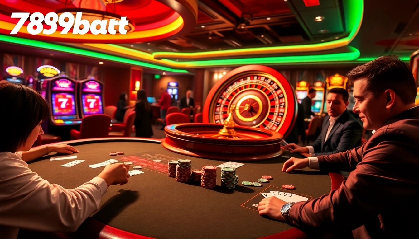 Players enjoying games at 789bet casino with vibrant tables, spinning roulette, and slot machines.