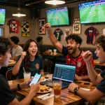 Cá độ bóng đá scene in a sports bar with fans cheering during a football match.