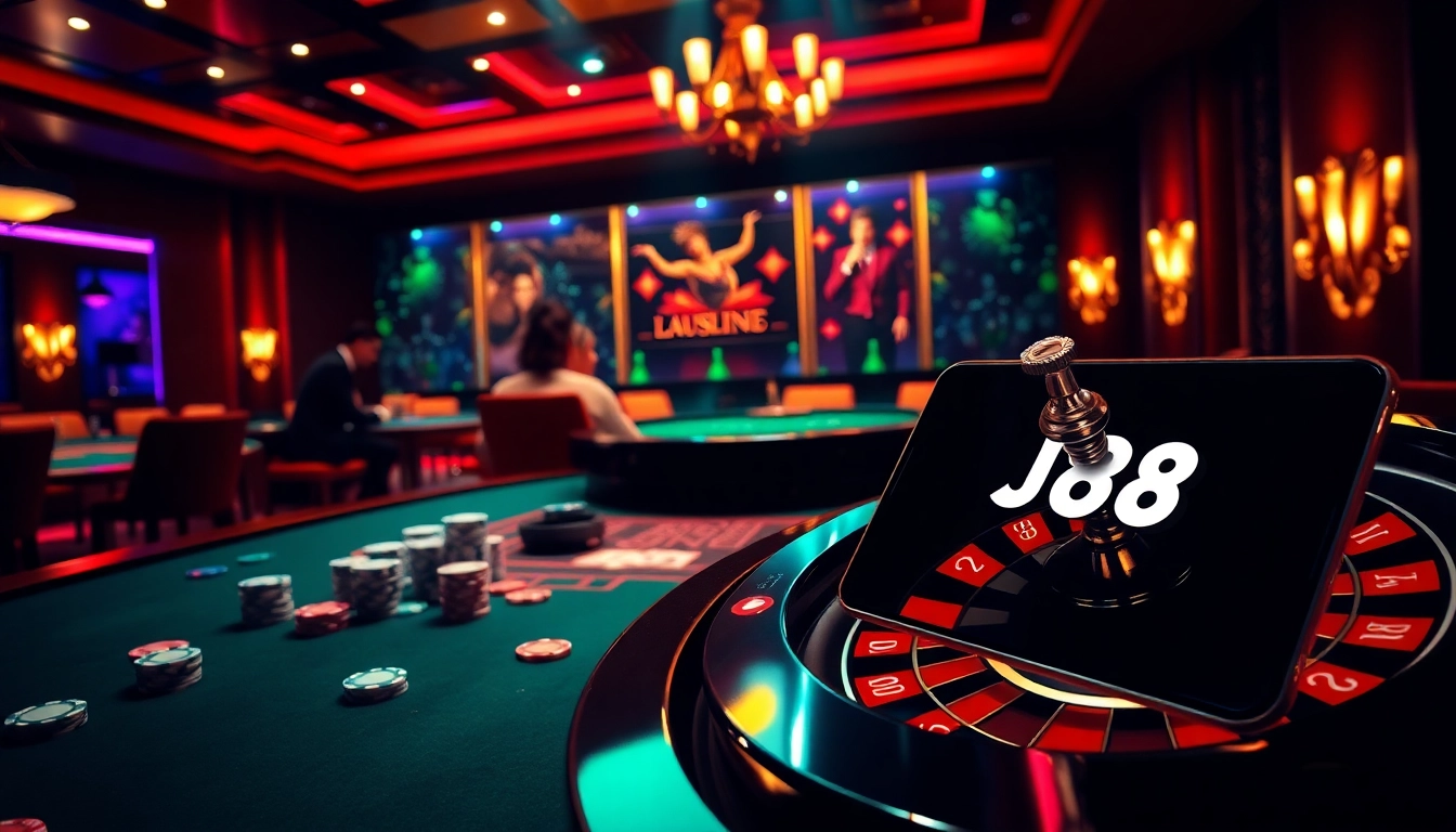 Players engage in high-stakes poker at J88 casino, with vibrant chips and a spinning roulette wheel.