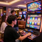 Mẹo chơi nổ hũ Luck8 enhances excitement as players celebrate wins at a vibrant casino slot machine.