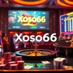 Xoso66 online casino vibrant atmosphere with slot machines, roulette wheel, and poker table