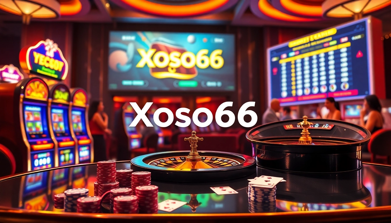 Xoso66 online casino vibrant atmosphere with slot machines, roulette wheel, and poker table