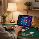 Player enjoying a live dealer game on bl555 casino platform with vibrant interface and cozy home atmosphere.