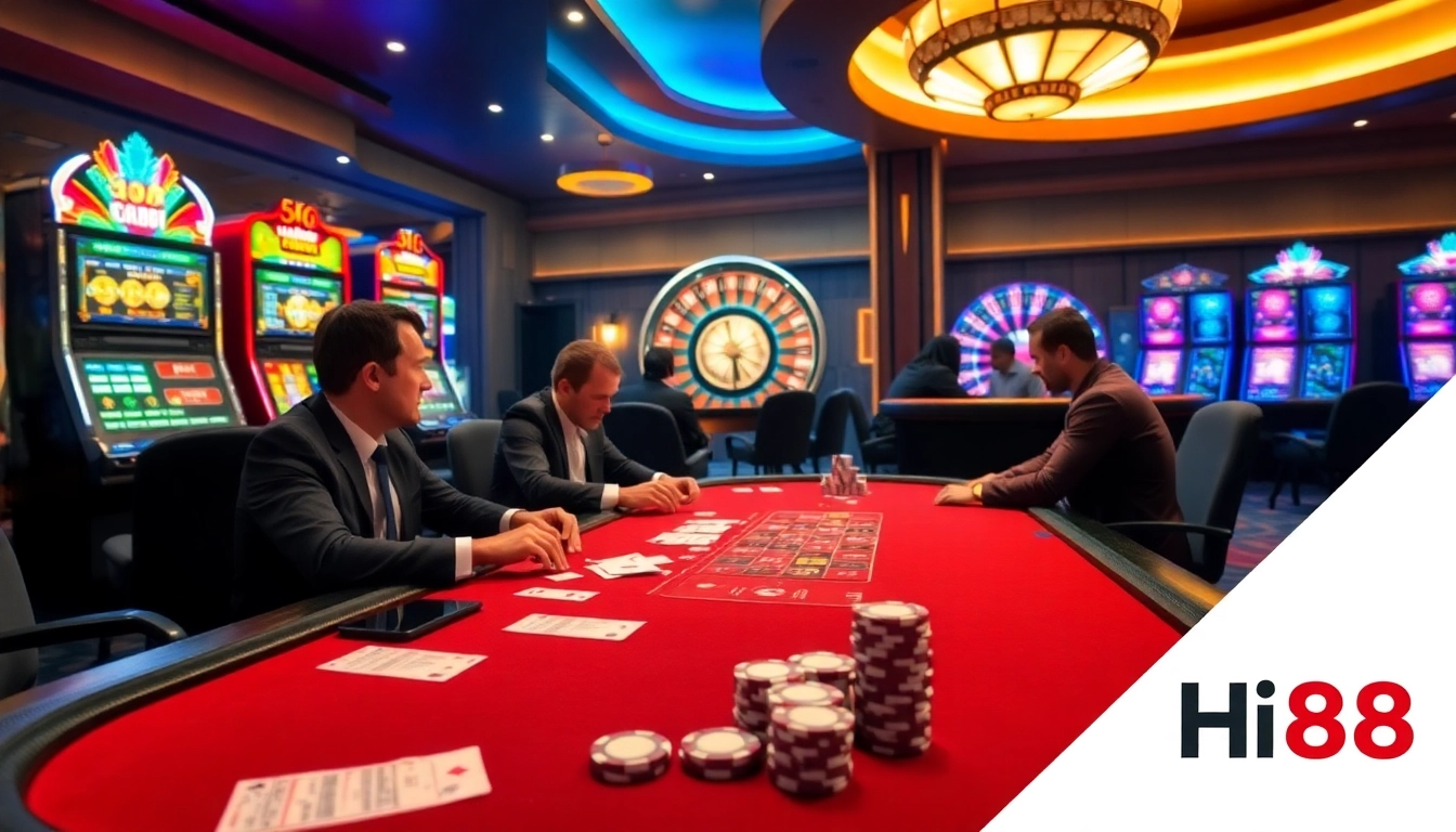 Experience the excitement at Hi88 casino with players betting at a vibrant poker table.
