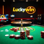 Engage with Luckywin's thrilling online casino gaming featuring vibrant poker tables and roulette wheels.