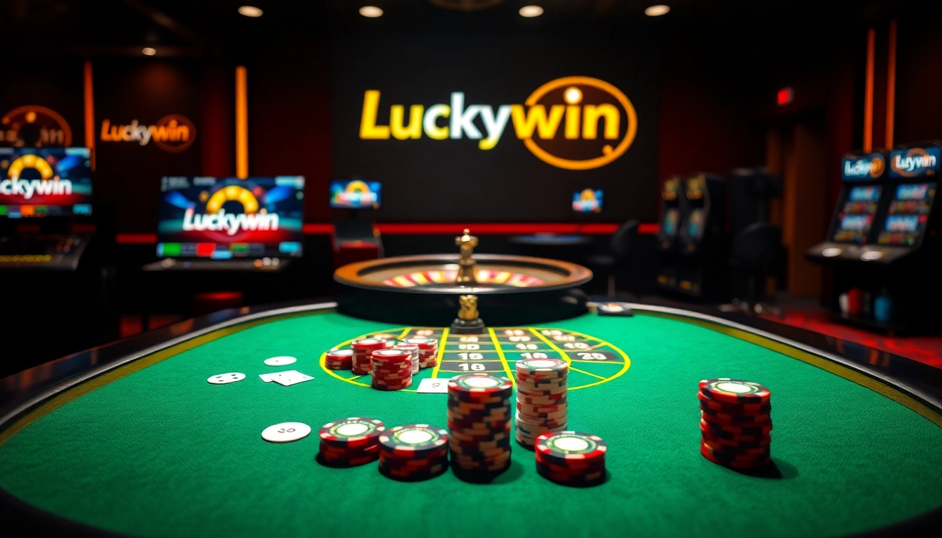 Engage with Luckywin's thrilling online casino gaming featuring vibrant poker tables and roulette wheels.