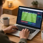 NOWGOAL sports betting interface showing live soccer odds on a laptop in a cozy home office